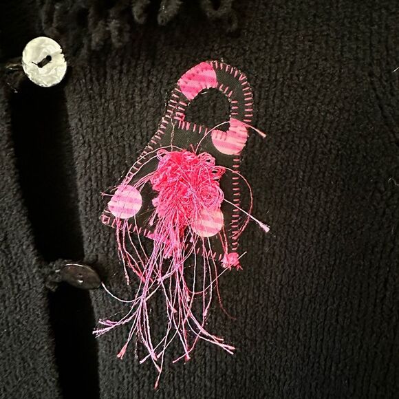 All Points Reference Point Black Pink Cardigan Button Sweater Fringe Trim Small - Picture 2 of 5
